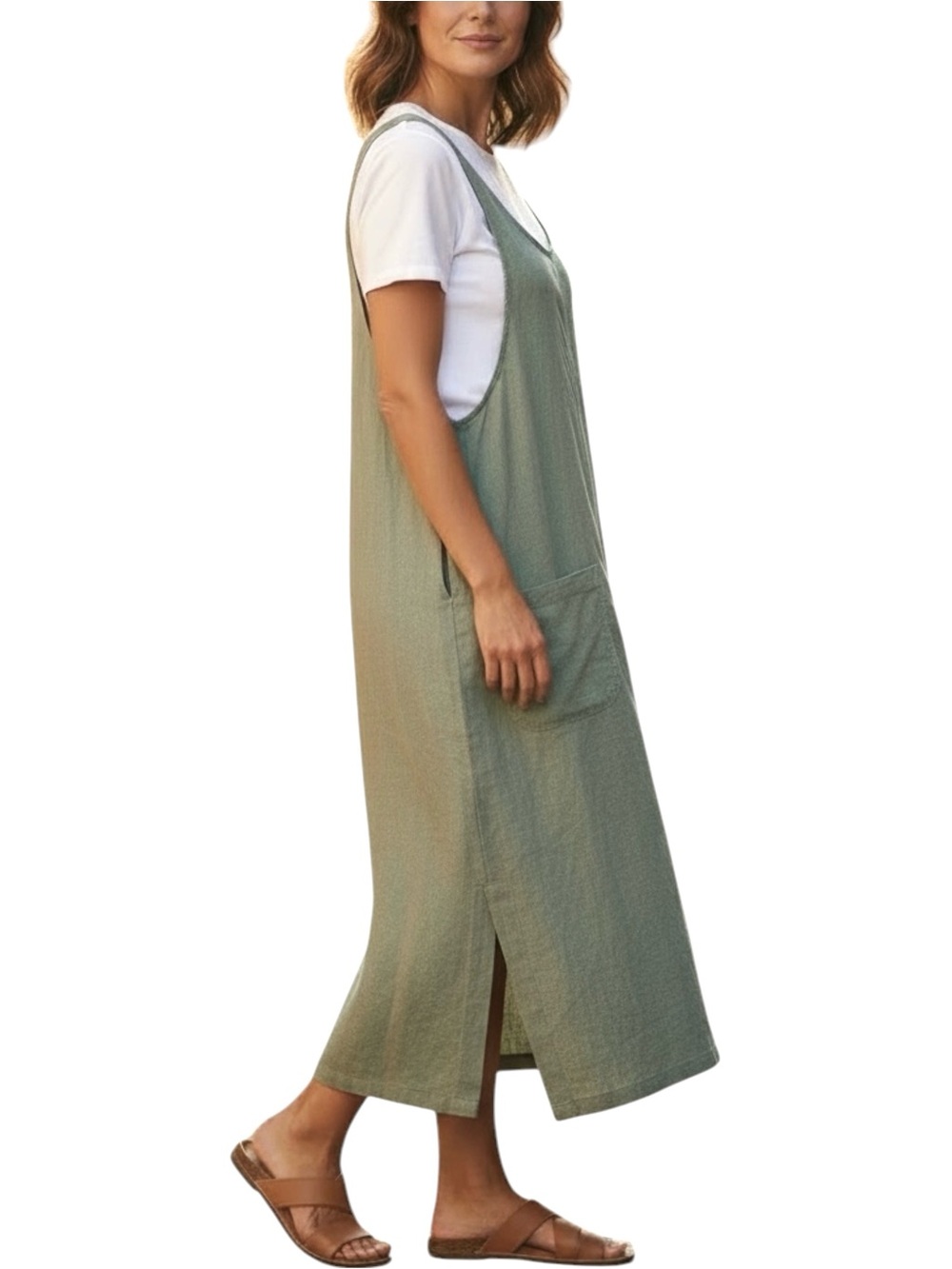 NWT Blue J. Sage Green Linen Blend Relaxed Fit Maxi Jumper Dress - Size 2X